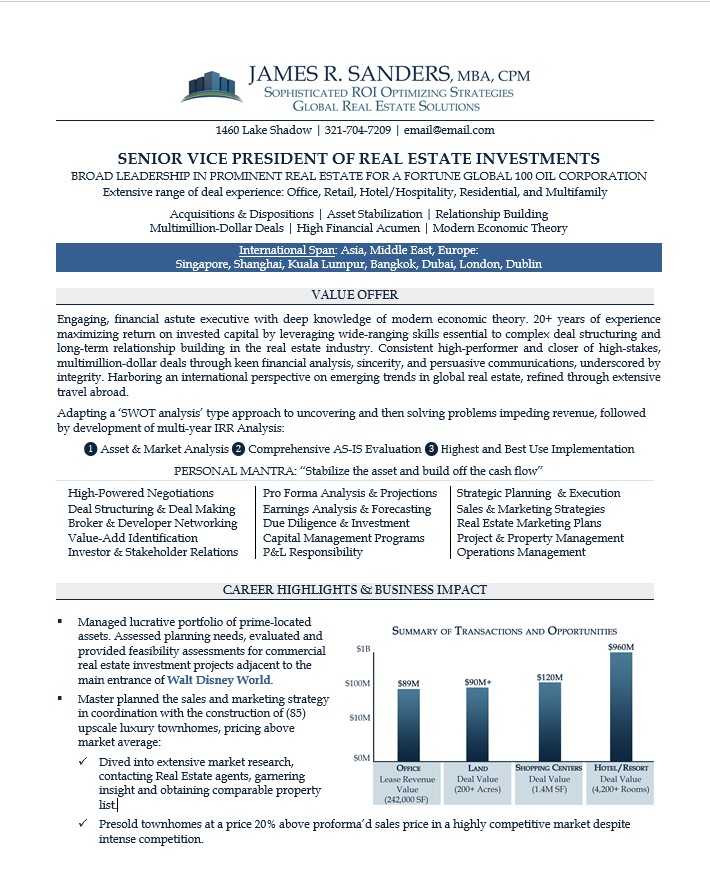 Senior Vice President Of Real Estate Investment Career Steering
